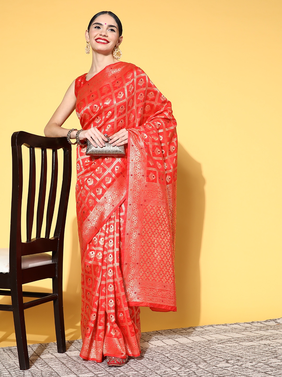 

Saree mall Ethnic Motifs Saree with Woven Design Border, Red