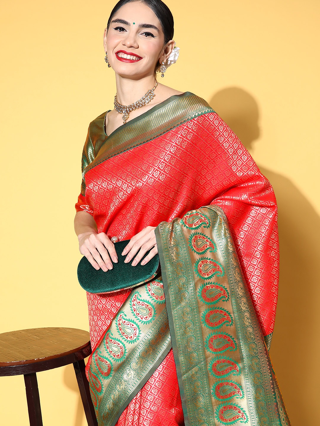 

Saree mall Ethnic Motifs Saree with Woven Design Border, Red