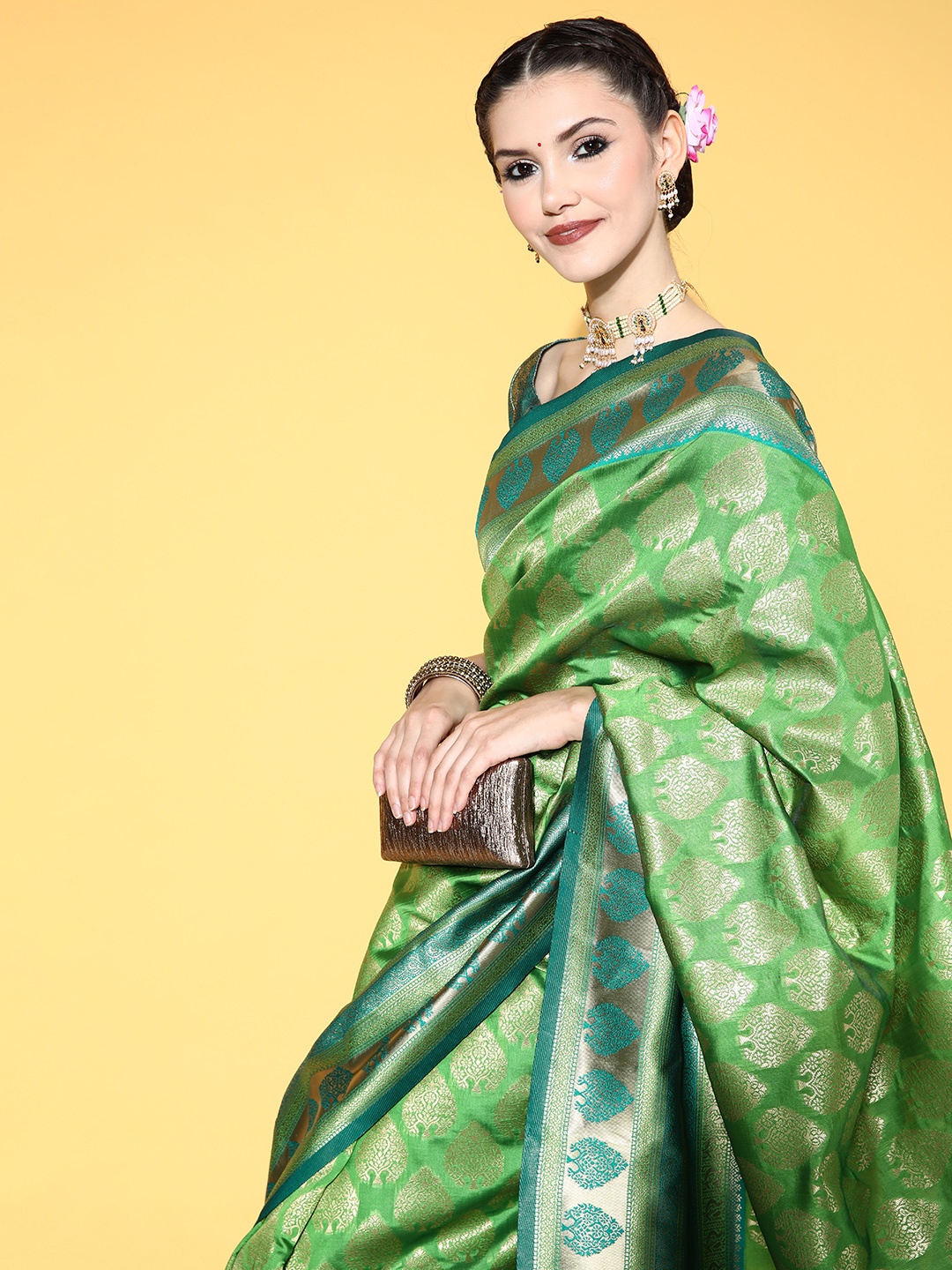 

Saree mall Bagh Saree with Woven Design Border, Green