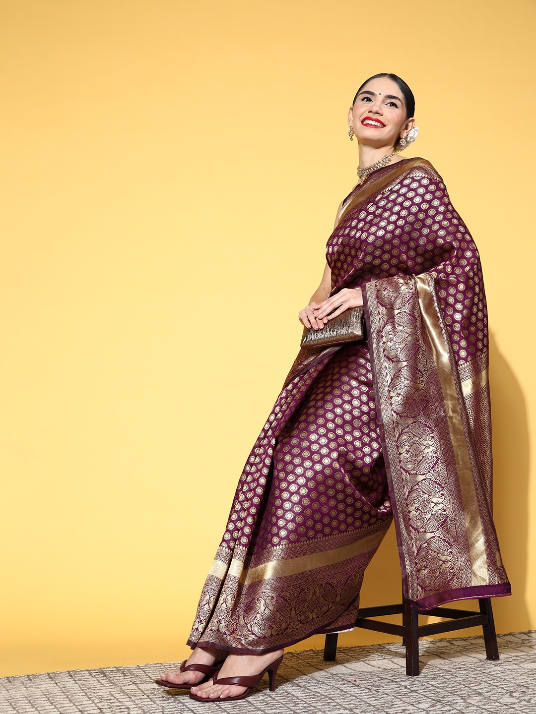 

Saree mall Ethnic Motifs Saree with Woven Design Border, Burgundy