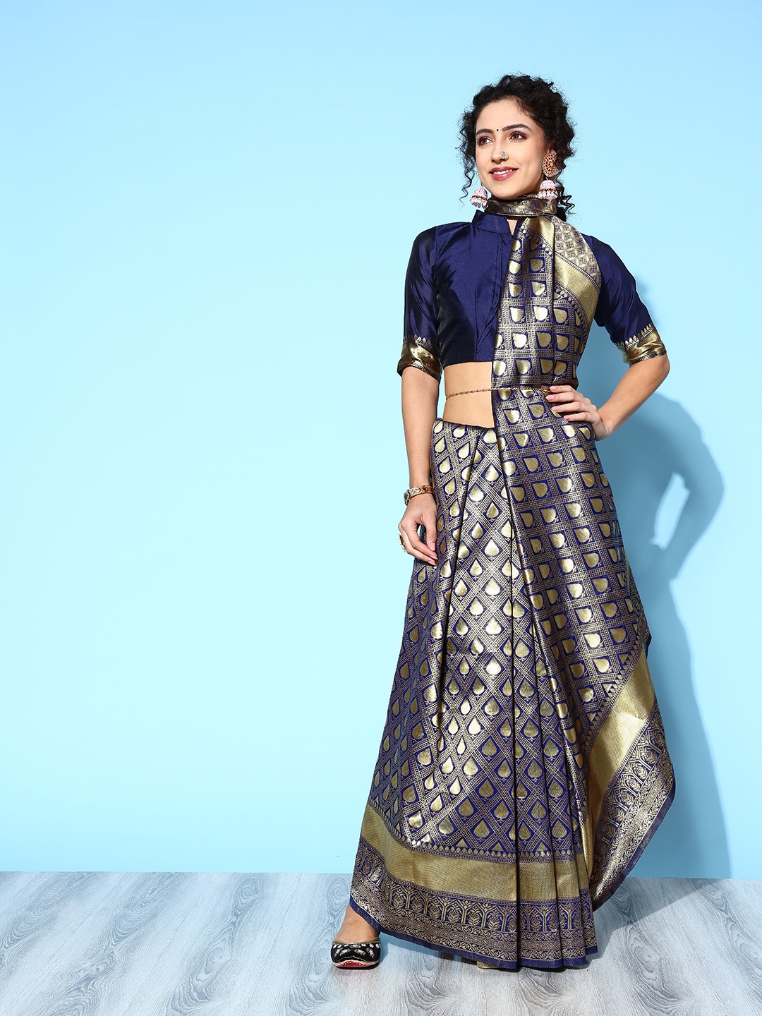 

Saree mall Ethnic Motifs Saree with Woven Design Border, Navy blue