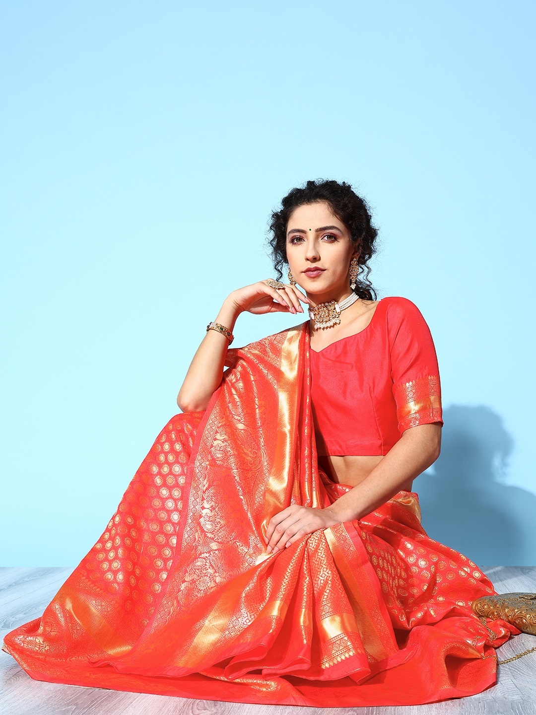 

Saree mall Ethnic Motifs Saree with Woven Design Border, Red