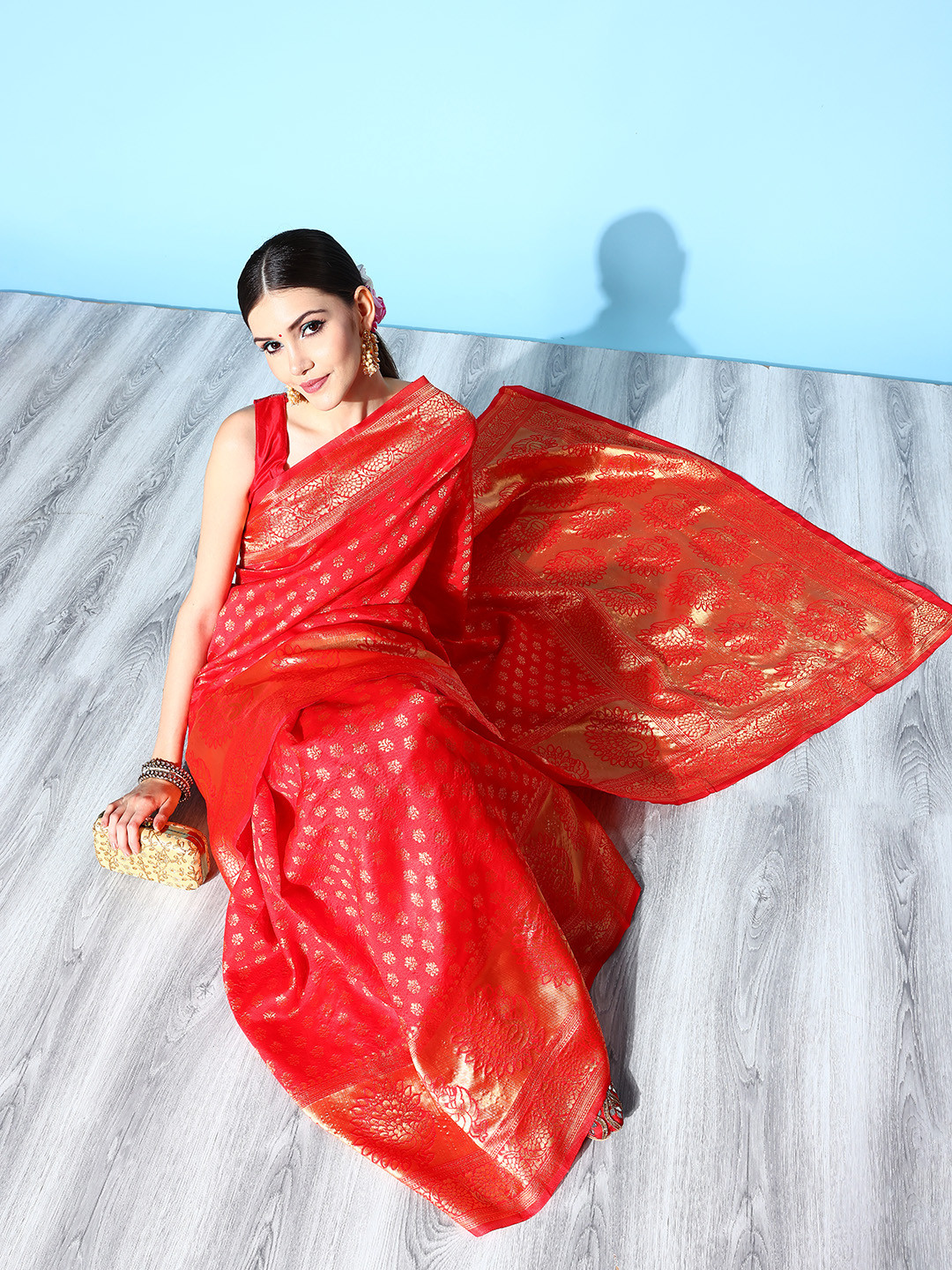 

Saree mall Ethnic Motifs Saree with Woven Design Border, Red