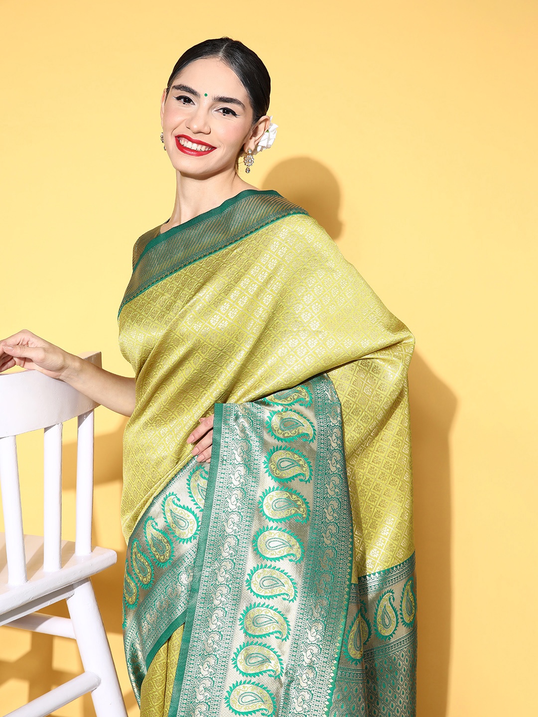 

Saree mall Ethnic Motifs Saree with Woven Design Border, Green