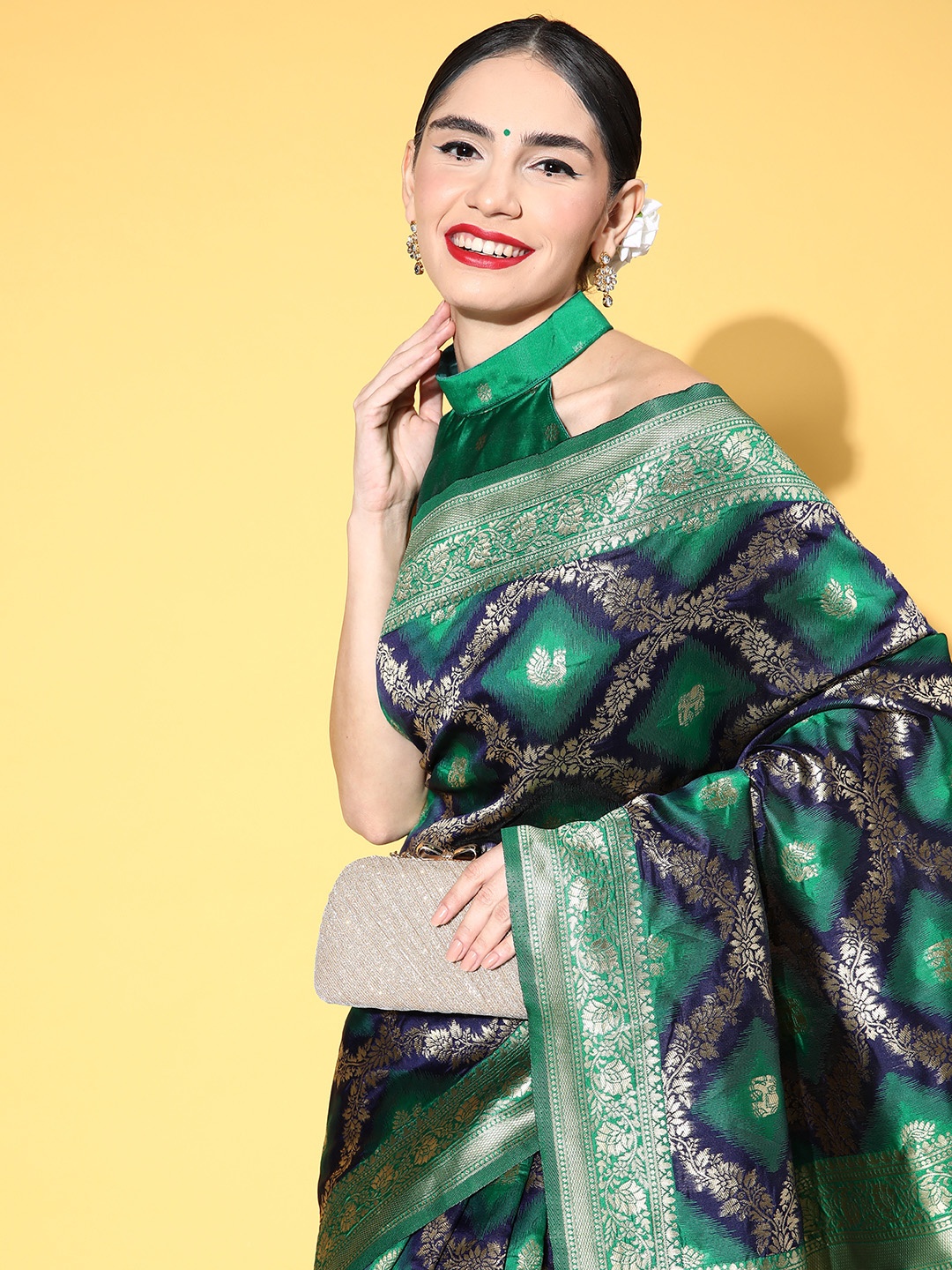 

Saree mall Ethnic Motifs Saree with Woven Design Border, Navy blue