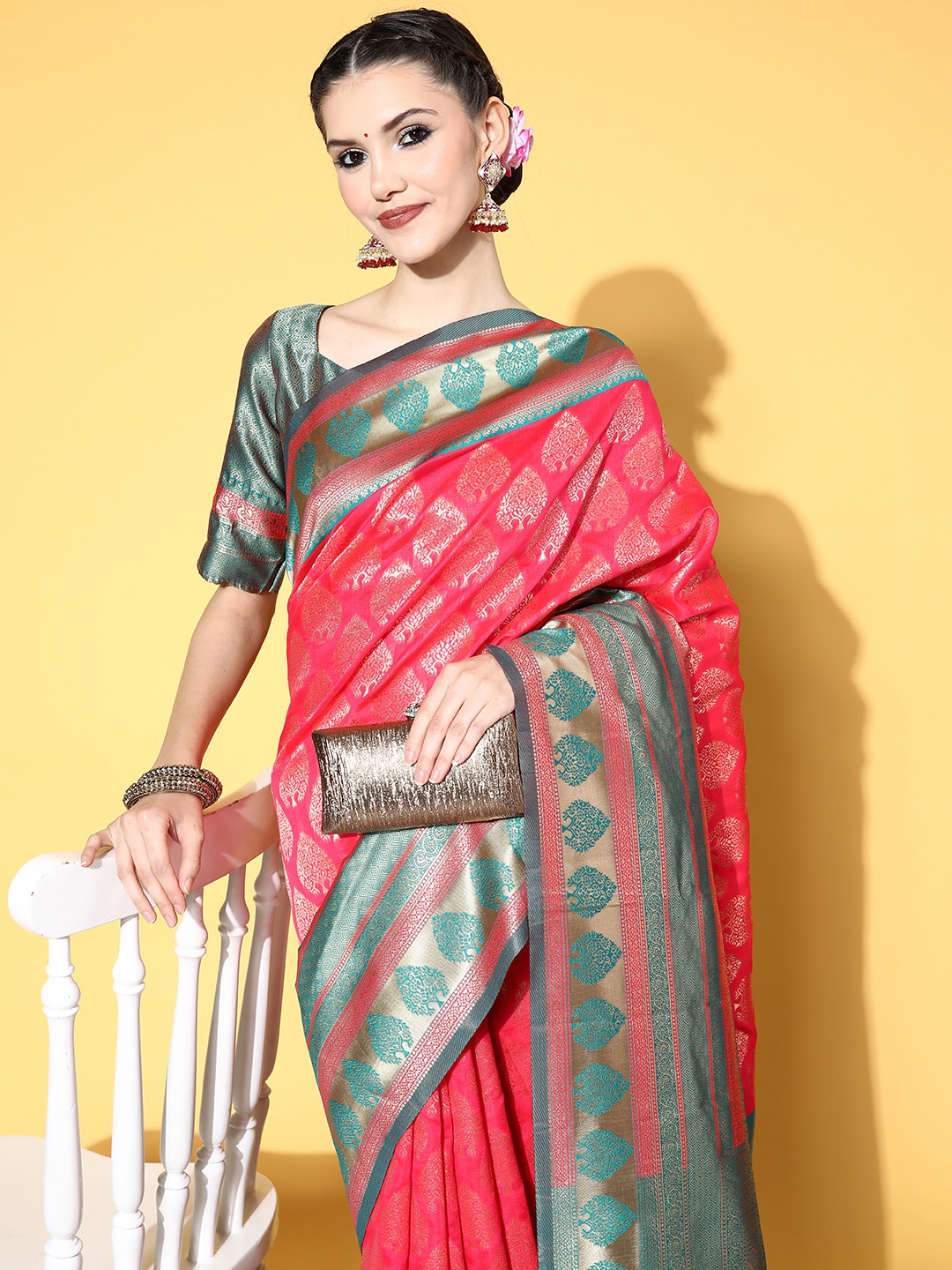 

Saree mall Bagh Saree with Woven Design Border, Pink