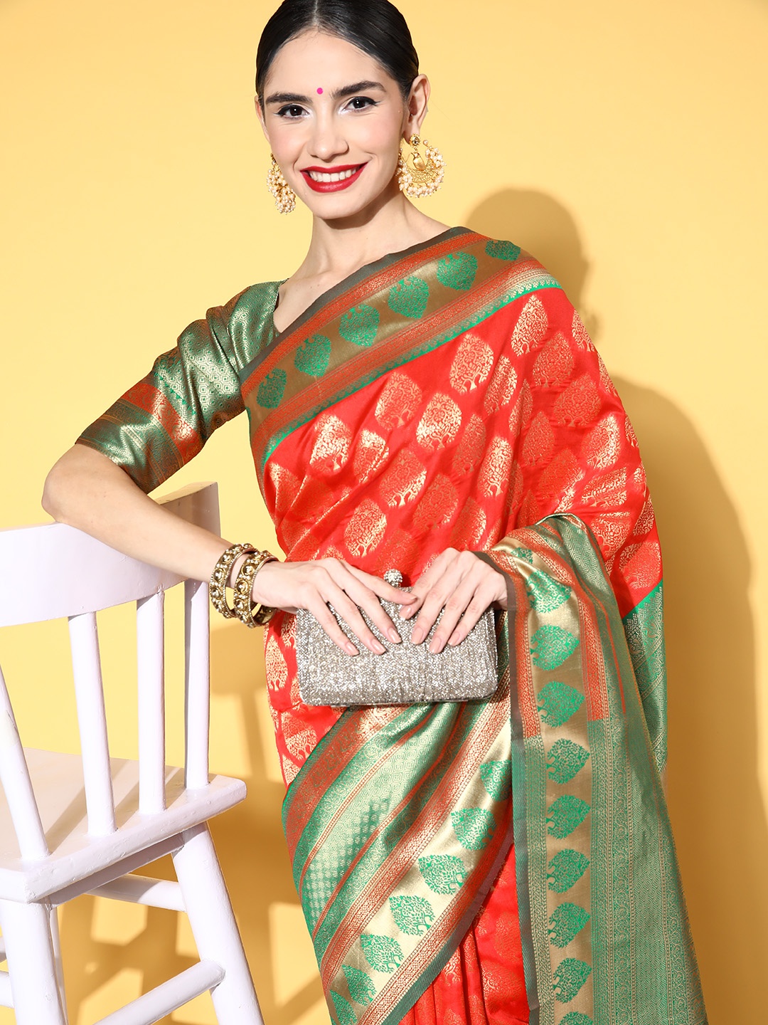 

Saree mall Bagh Saree with Woven Design Border, Red
