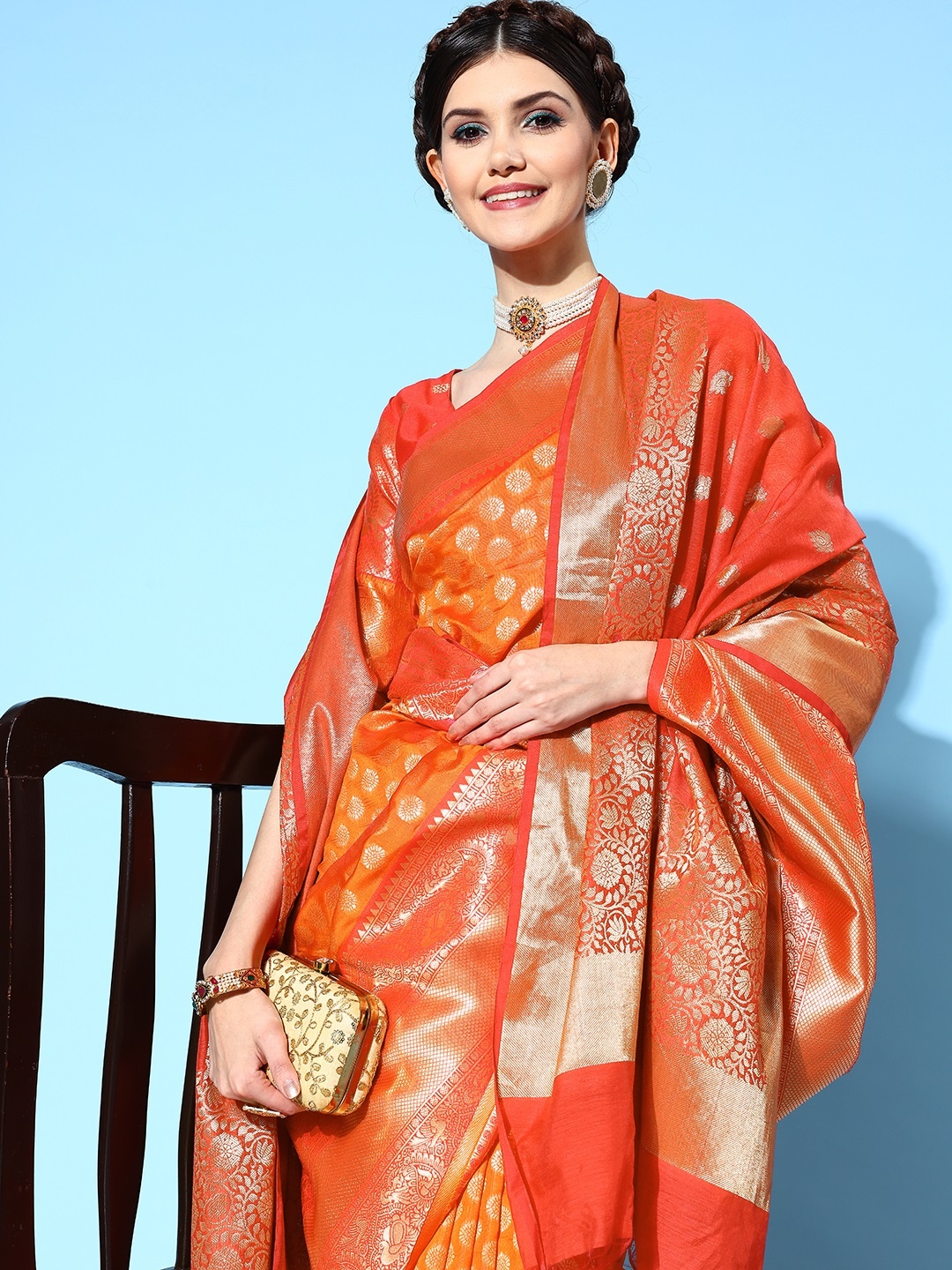 

Saree mall Ethnic Motifs Saree with Woven Design Border, Orange