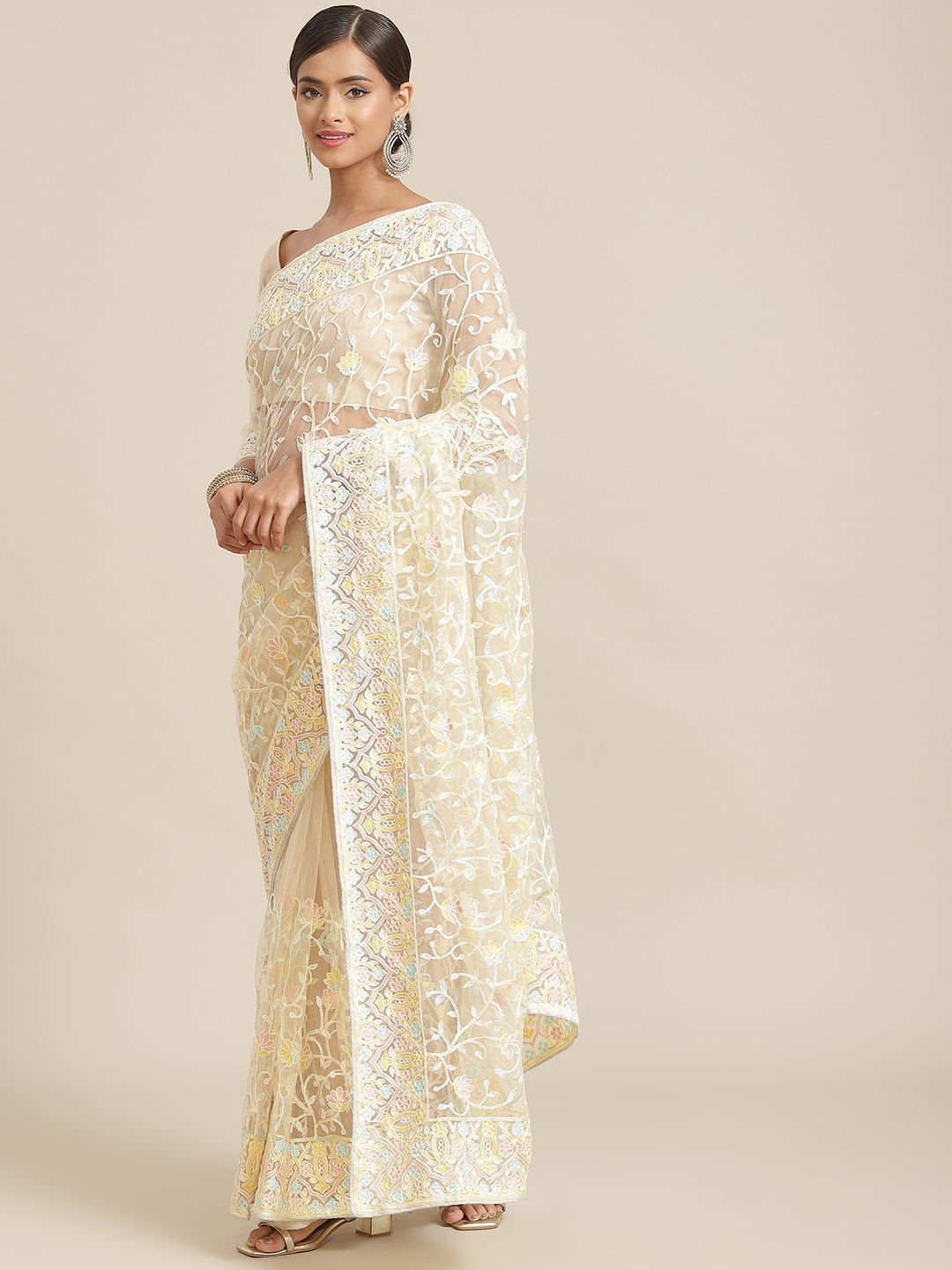 

Kalista Light Yellow Floral Embroidered Net Saree