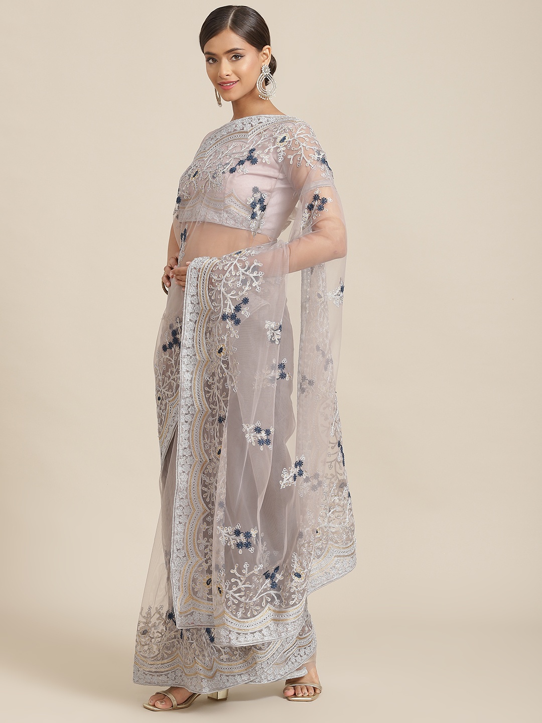 

Kalista Grey Embroidered Floral Net Saree