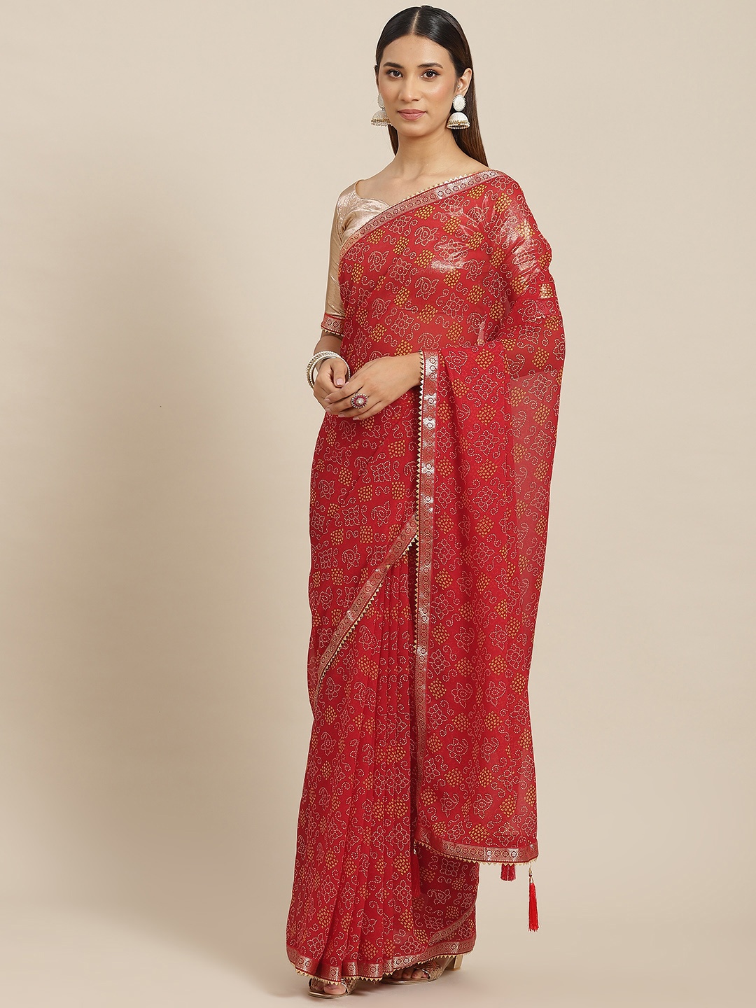 

Kalista Red & Orange Bandhani Print Saree