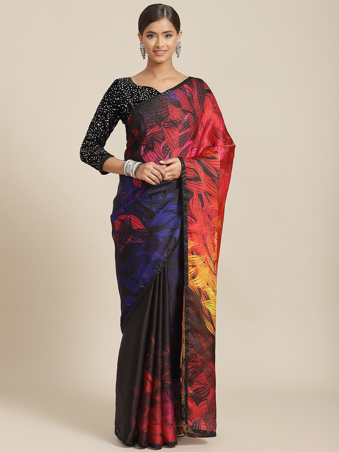 

Kalista Navy Blue & Orange Printed Saree With Sequined Blouse