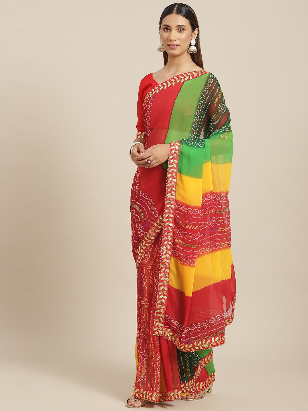 

Kalista Red & Green Bandhani Print Saree