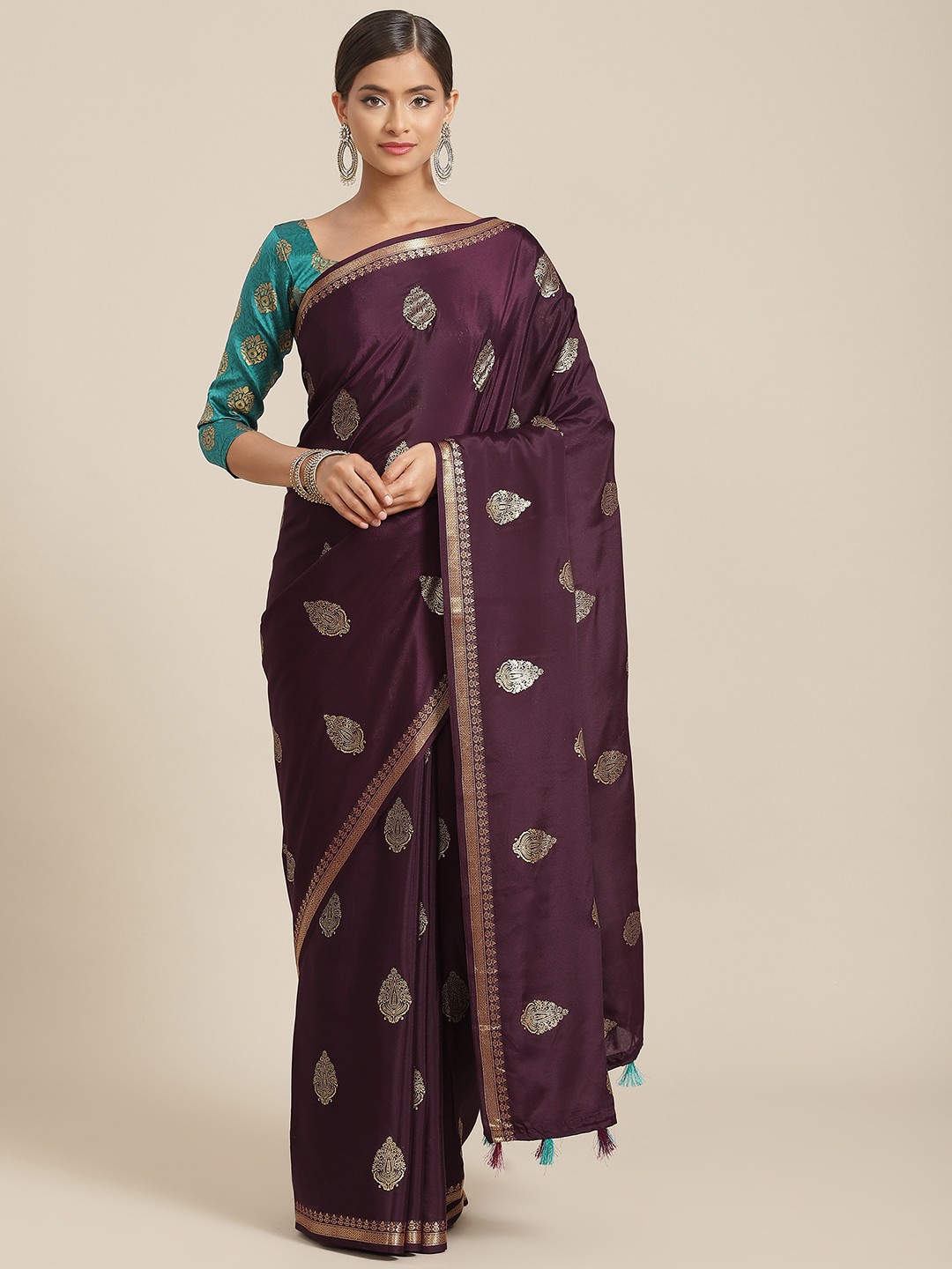 

Kalista Burgundy & Green Ethnic Motifs Zari Saree
