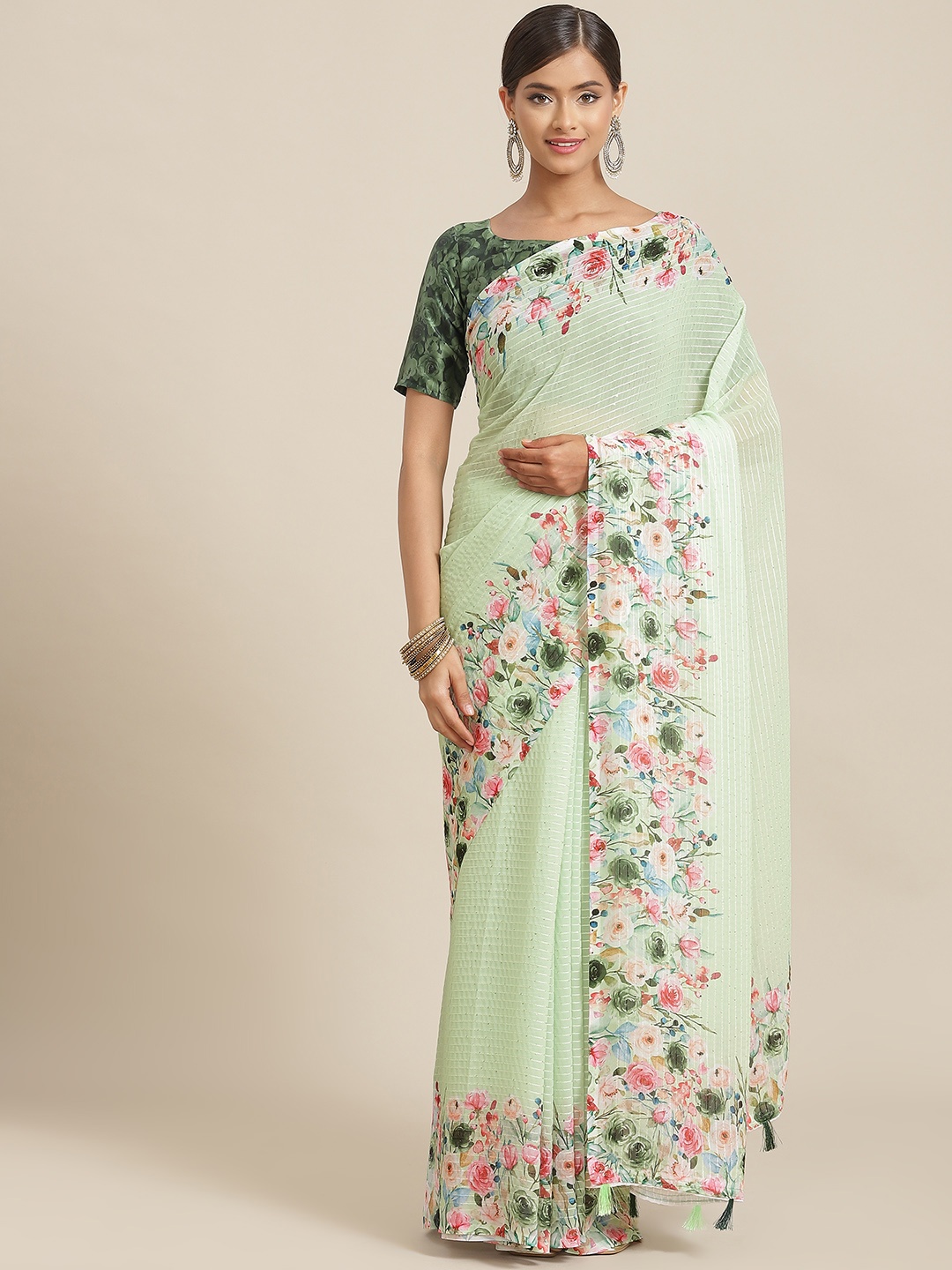 

Kalista Lime Green Floral Sequined Saree