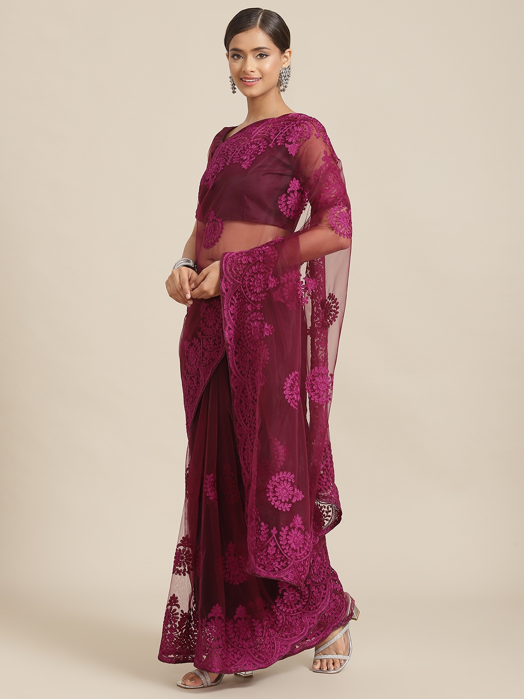 

Kalista Burgundy Embroidered Floral Net Saree