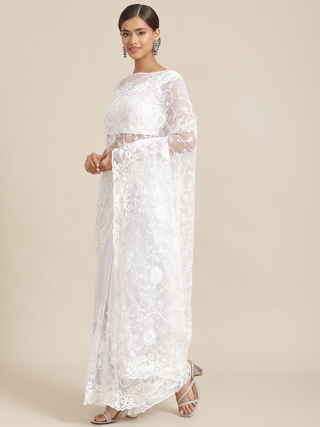 

Kalista White Floral Embroidered Net Saree