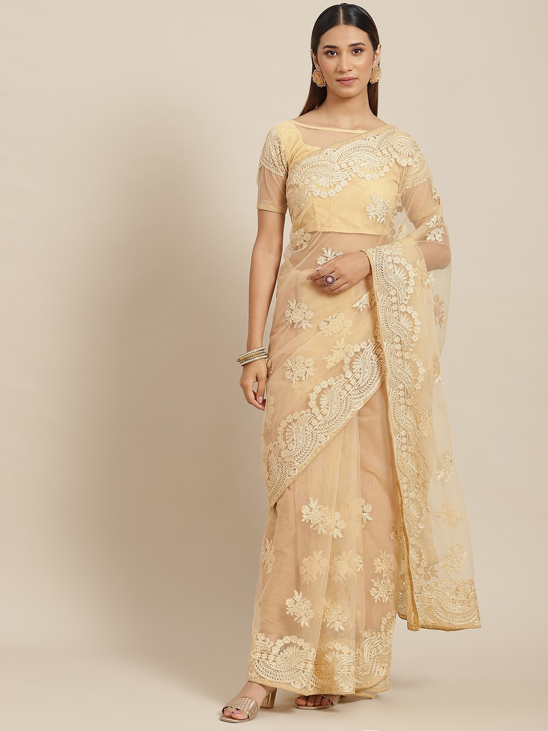 

Kalista Beige Floral Embroidered Net Saree