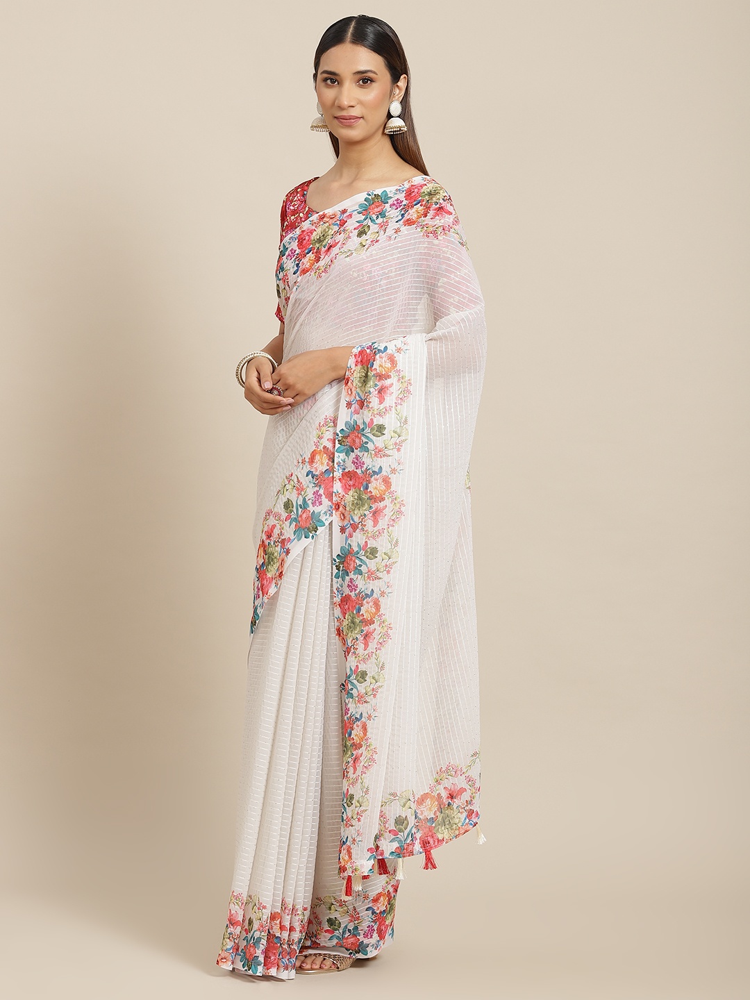 

Kalista Off White & Blue Self Striped Saree