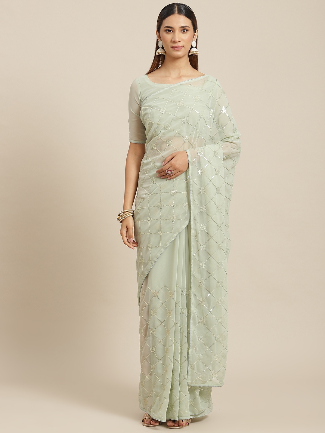 

Kalista Lime Green Sequined Embellished Saree