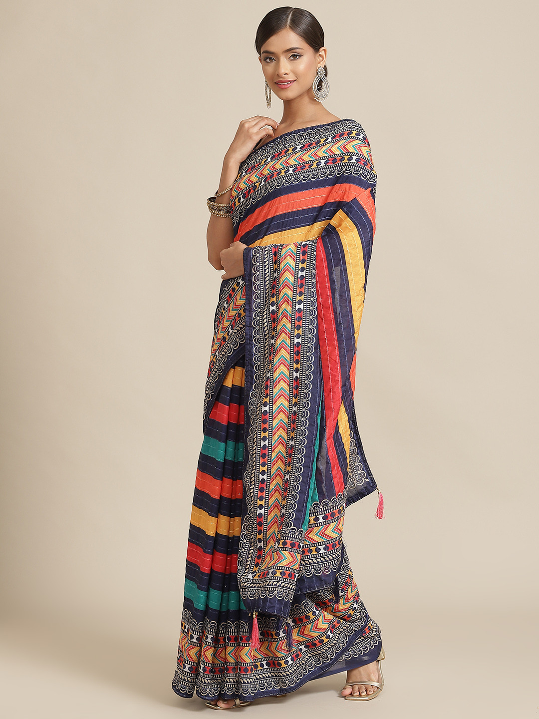 

Kalista Multicoloured Striped Sequinned Saree, Multi