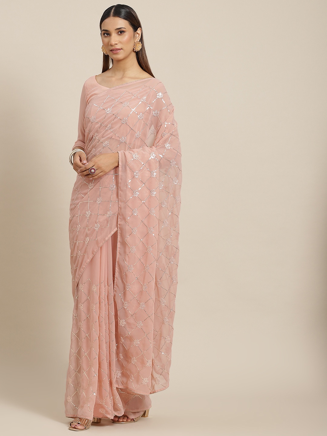 

Kalista Peach-Coloured Sequined Embellished Saree