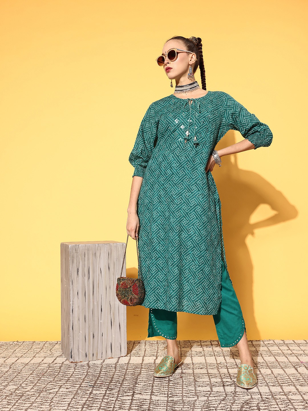 

ZOLA Women Bandhani Pure Cotton Desi Girl Kurta Set, Teal
