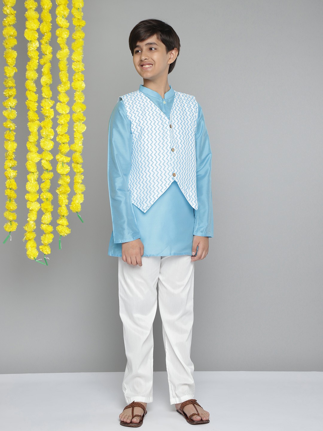 

YK Boys Blue Solid Straight Kurta with Pyjamas & Chevron Print Waistcoat
