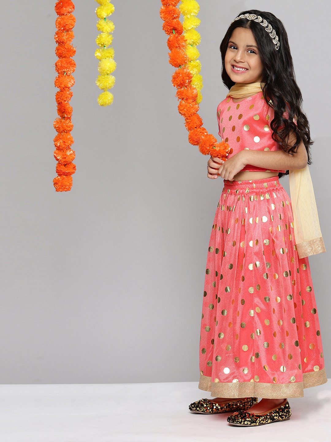 

YK Girls Pink Printed Ready to Wear Lehenga & Choli With Dupatta