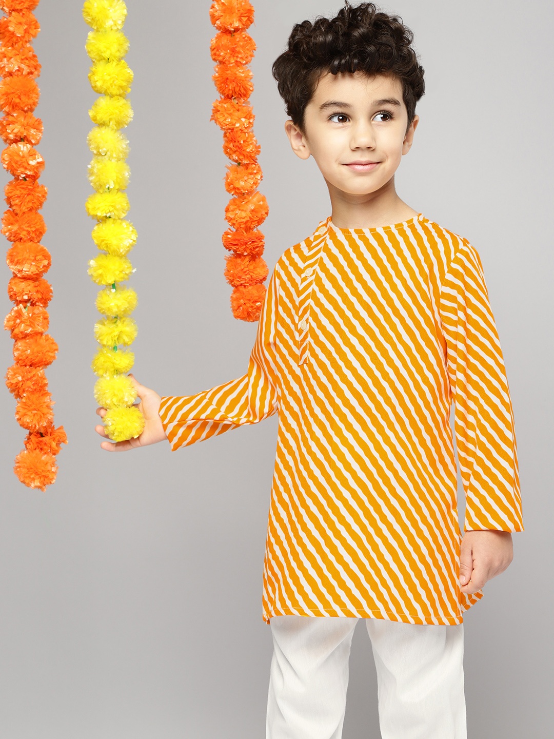 

YK Boys Yellow Striped Angrakha Kurta with Pyjamas