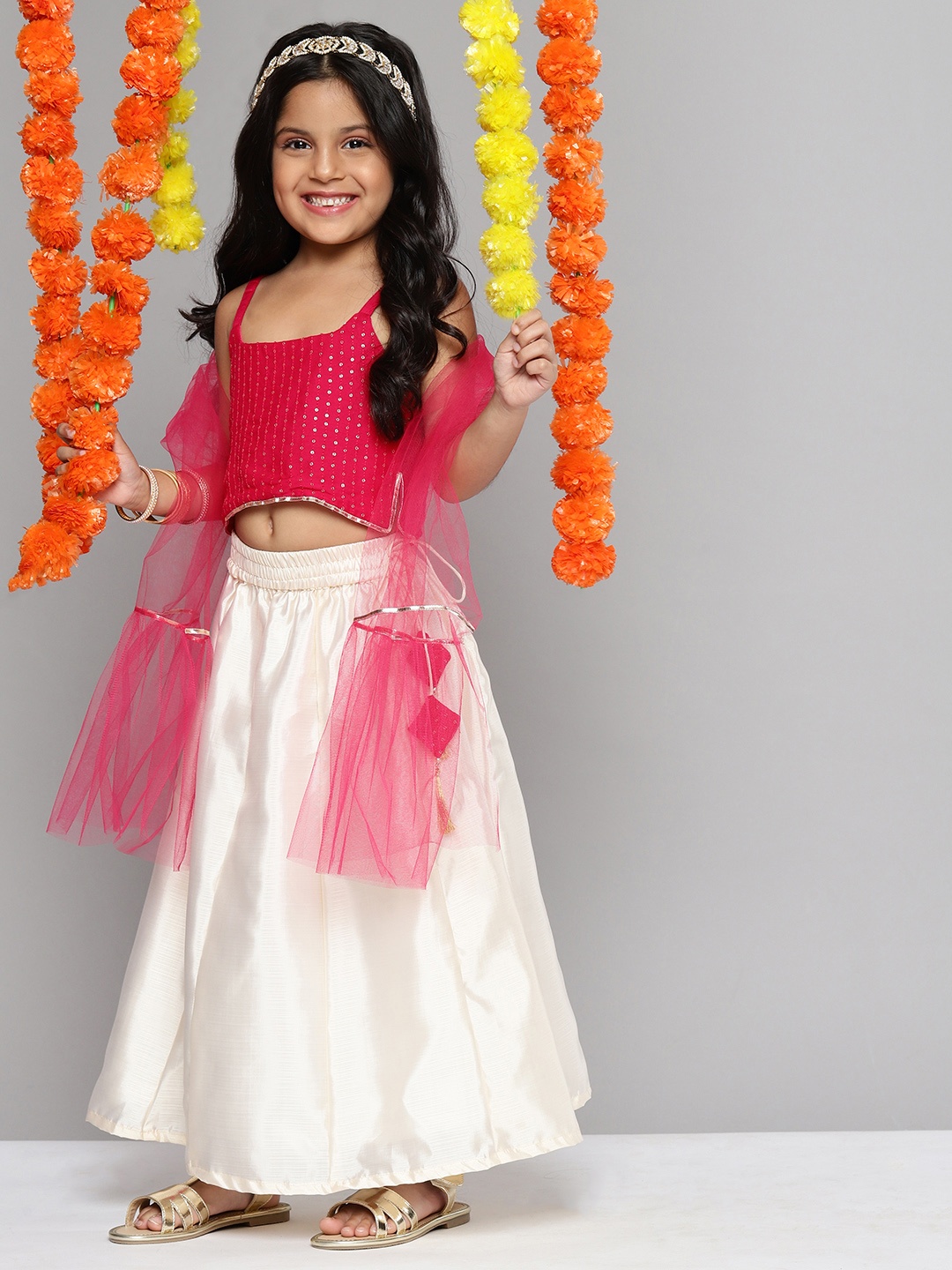 

YK Girls Fuchsia & Off-White Sequinned Ready to Wear Lehenga Choli With Dupatta Set