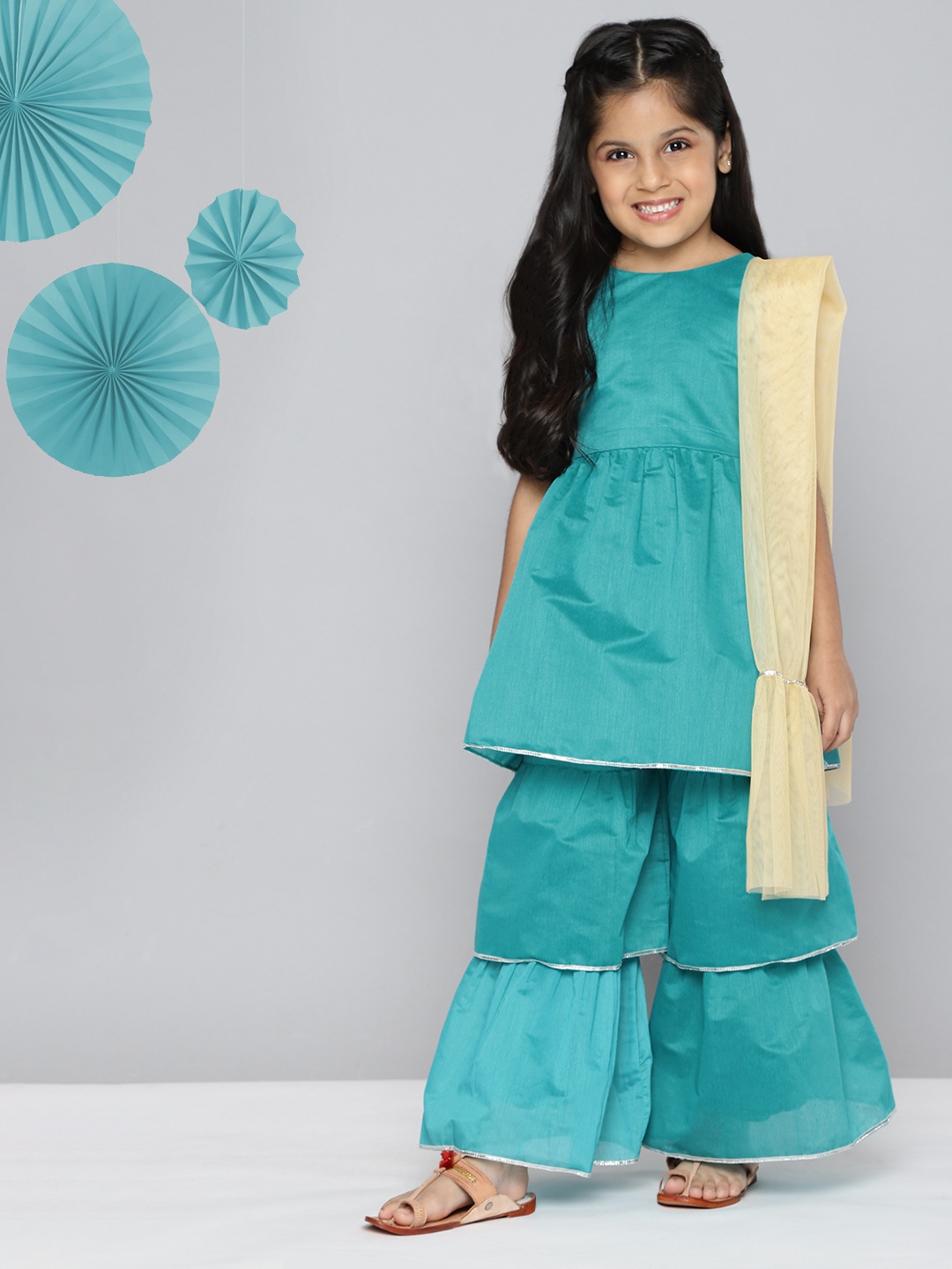 

YK Girls Turquoise Blue Solid Kurta with Sharara & Dupatta