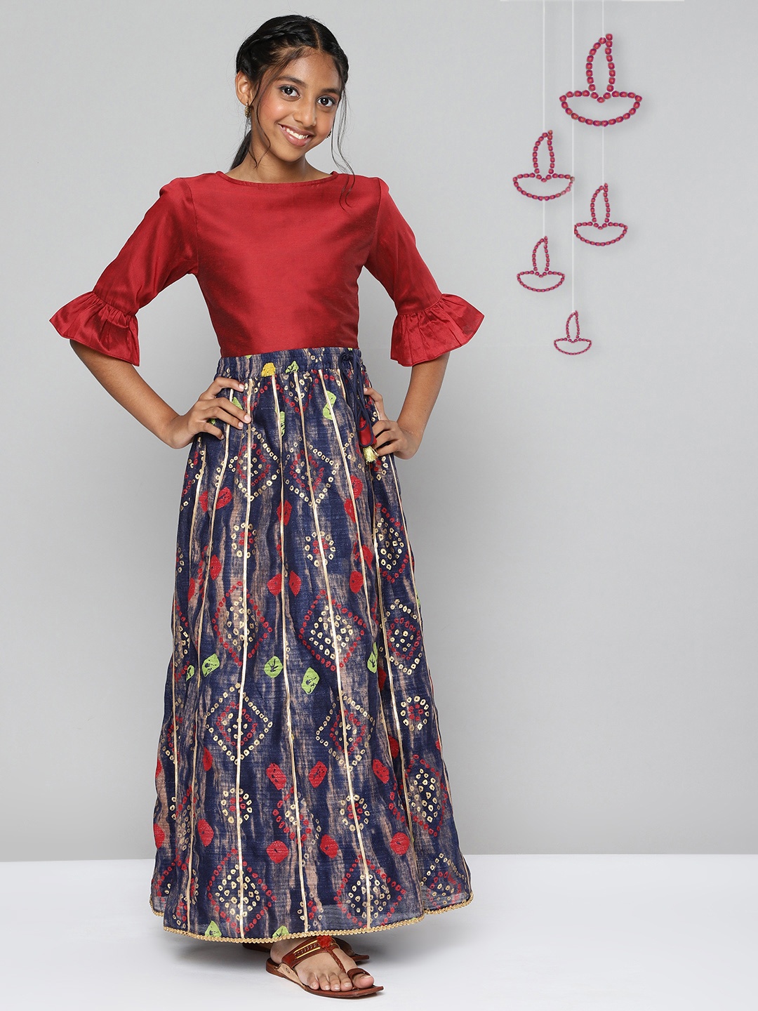 

YK Girls Maroon & Blue Printed Ready to Wear Lehenga Choli