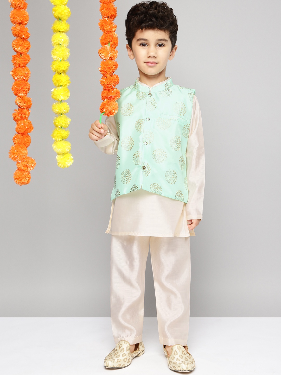 

YK Boys Off White and Sage Green Kurta with Trousers and Nehru Jacket