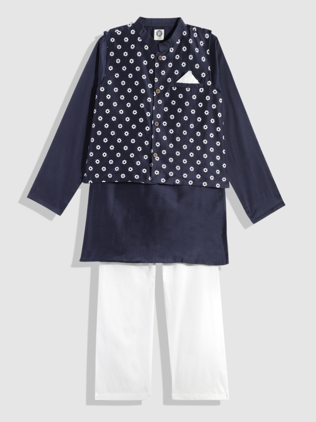 

YK Boys Navy Blue Printed Kurta with White Pyjamas & Nehru Jacket