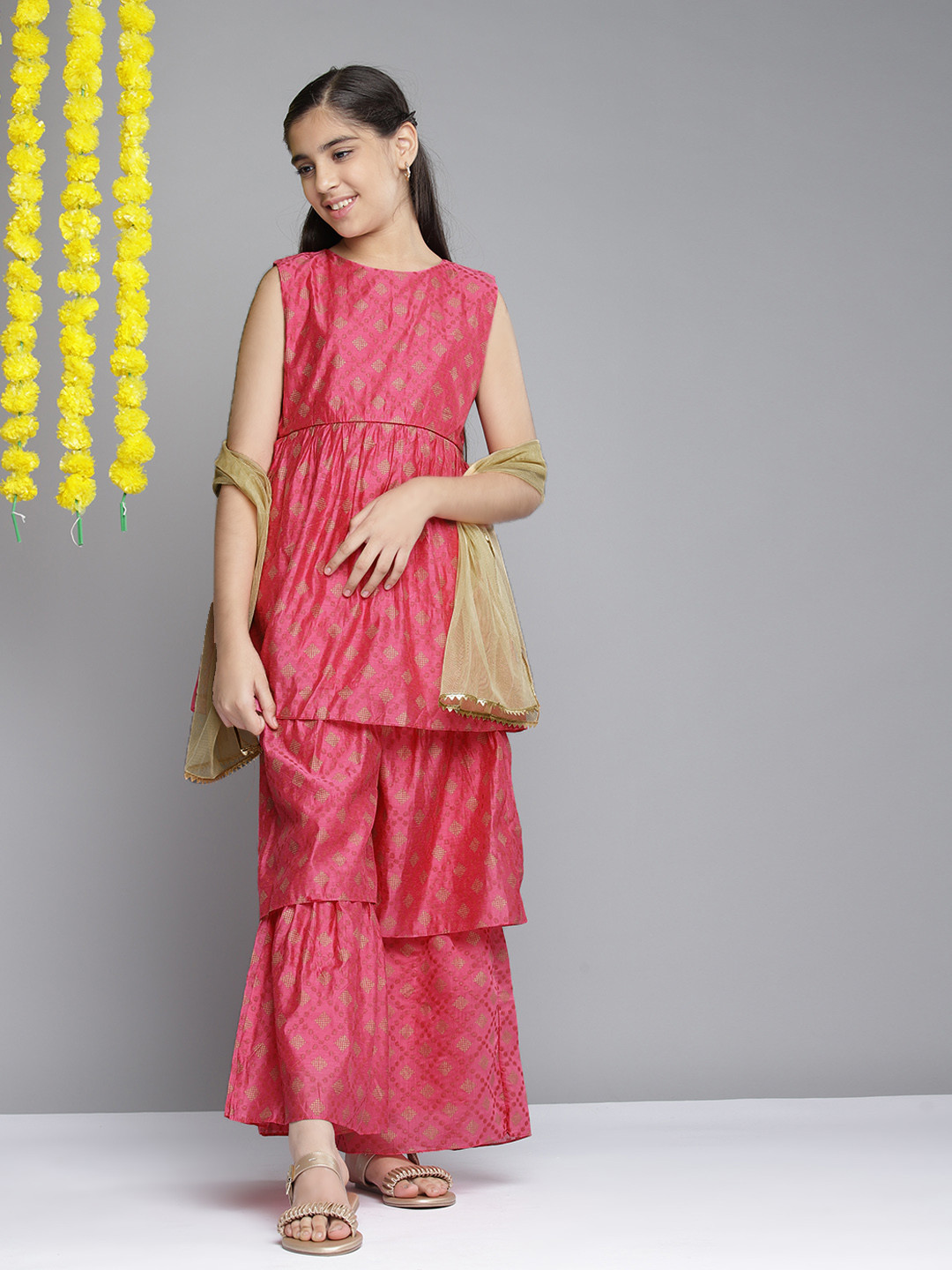

YK Girls Pink Ethnic Motifs Printed Sleeveless Kurti with Sharara & Dupatta Set