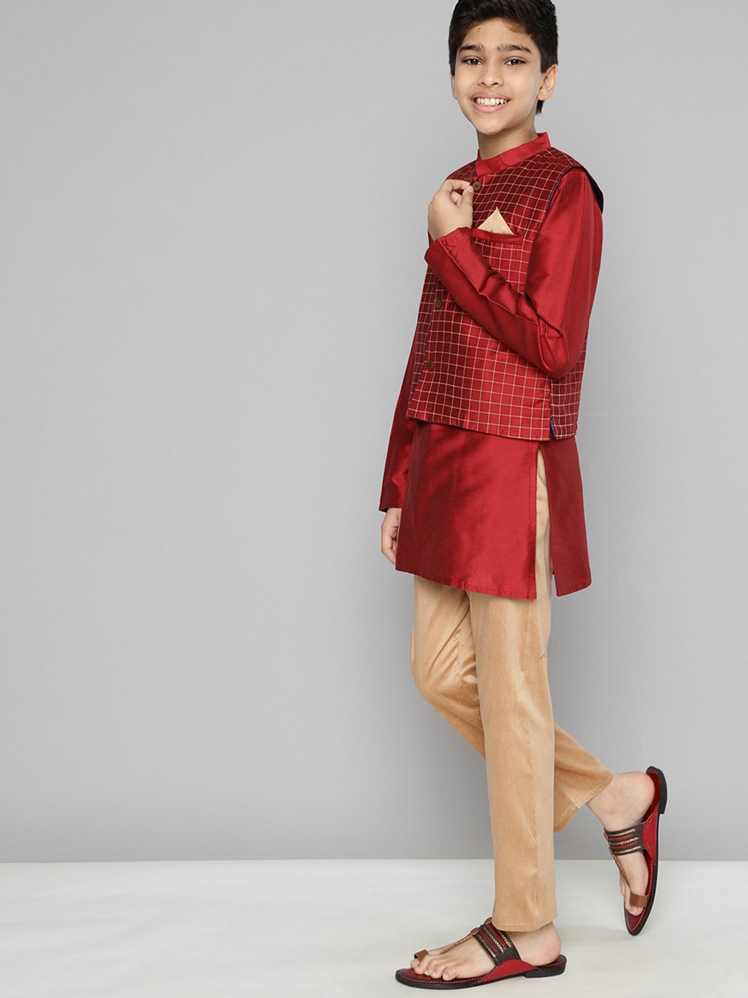 

YK Boys Maroon Solid Kurta with Trousers & Nehru Jacket Set