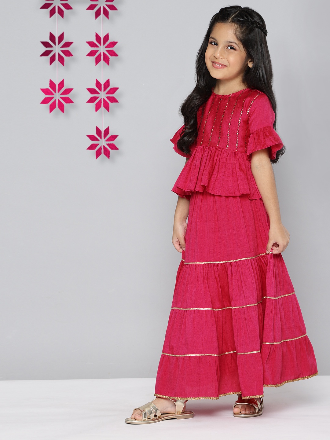 

YK Girls Pink Embellished Ready to Wear Lehenga & Choli