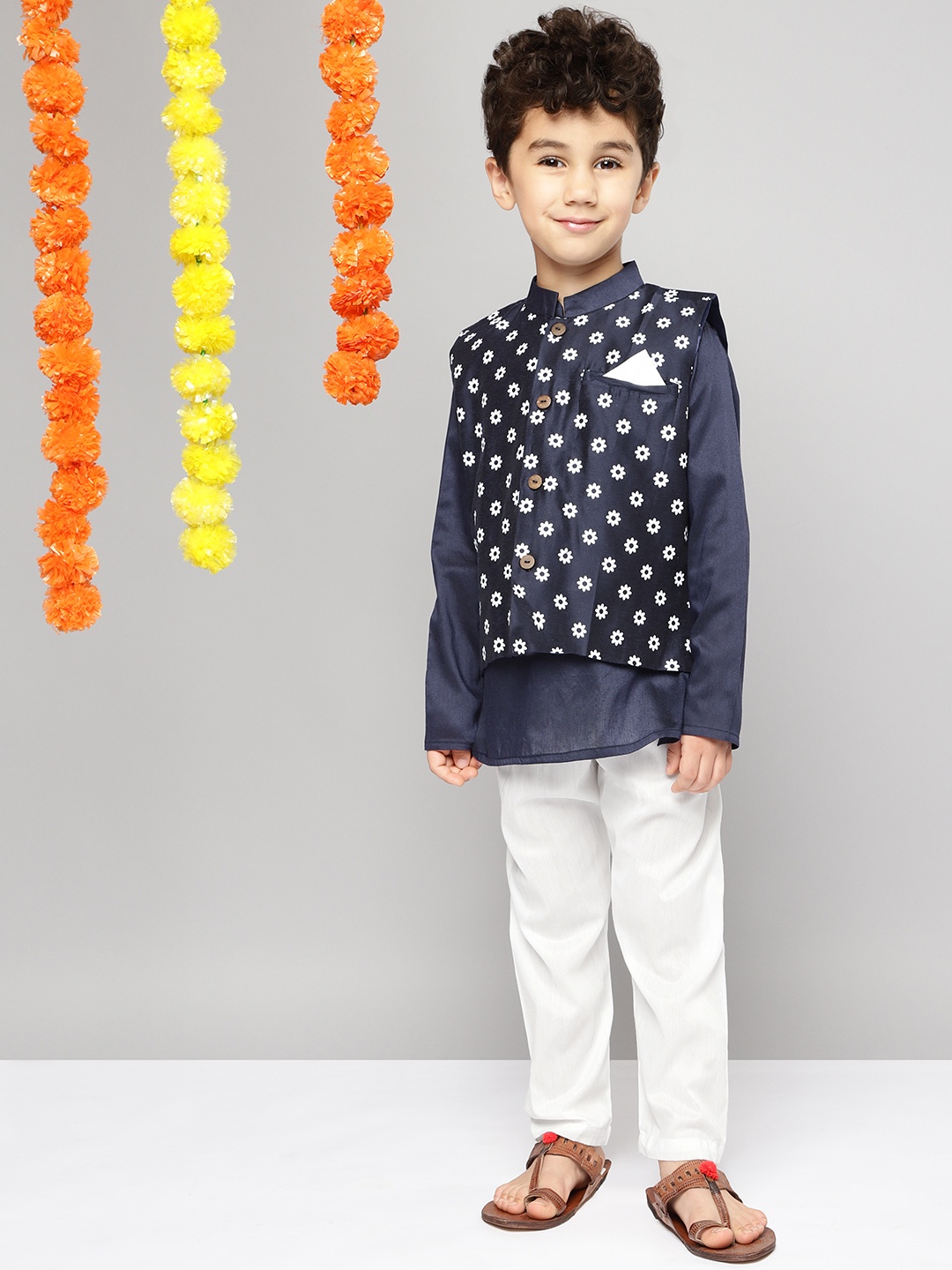 

YK Boys Navy Blue Kurta with Pyjamas & With Nehru Jacket