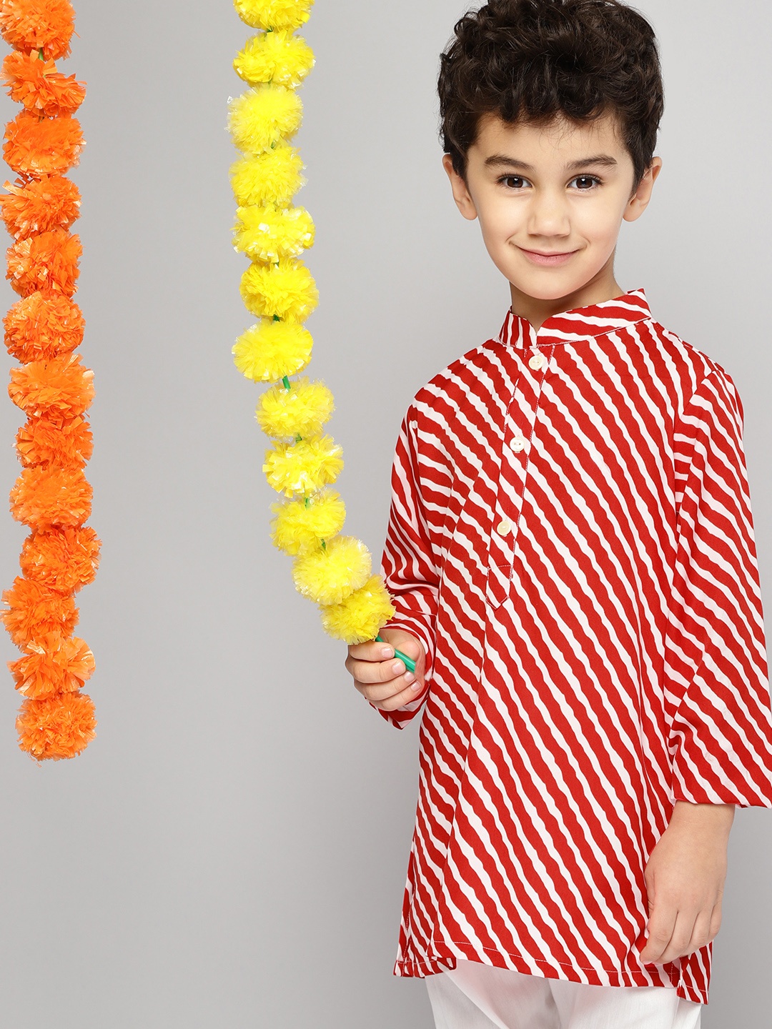 

YK Boys Red & White Leheriya Print Regular Polyester Kurta with Pyjamas