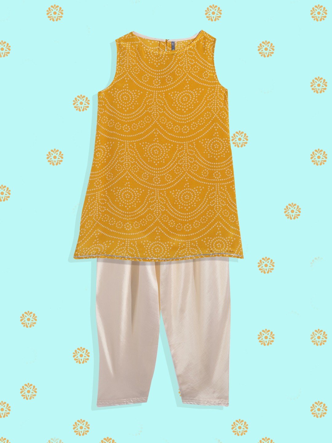 

YK Teen Girls Mustard Yellow Bandhani Printed Kurti with Trousers Set