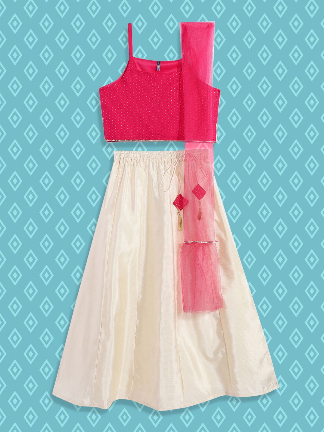 

YK Girls Pink & Off White Embellished Ready to Wear Lehenga & Blouse With Dupatta