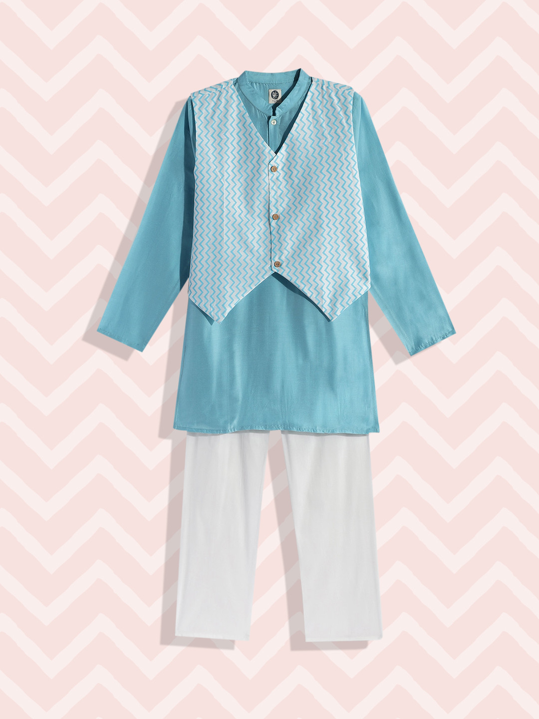 

YK Boys Blue & White Kurta with Pyjamas & Nehru Jacket