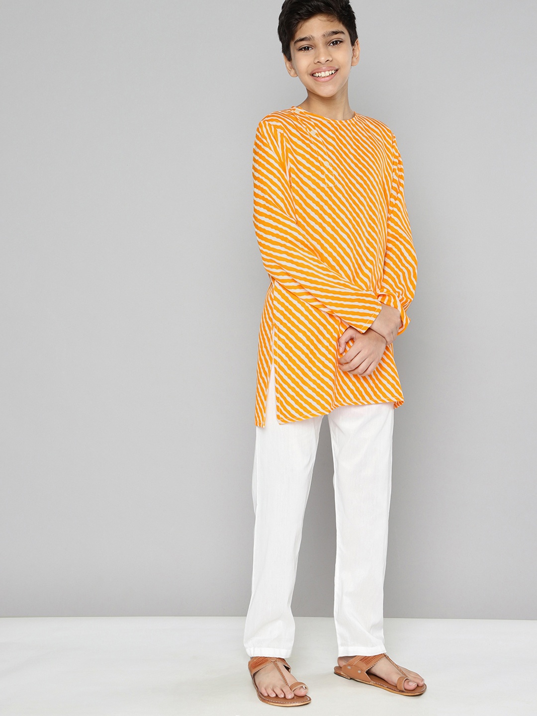 

YK Boys Yellow & White Striped Kurta with Pyjamas