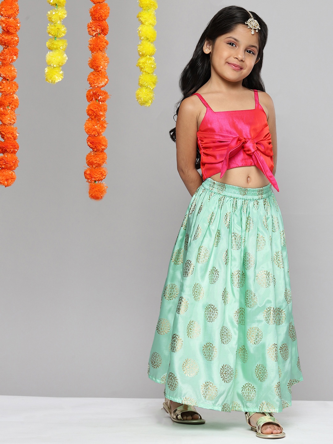 

YK Girls Fuchsia & Mint Green Ready to Wear Lehenga & Choli