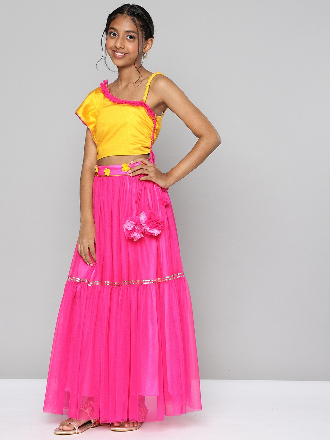 

YK Girls Pink & Yellow Ready to Wear Lehenga & Choli