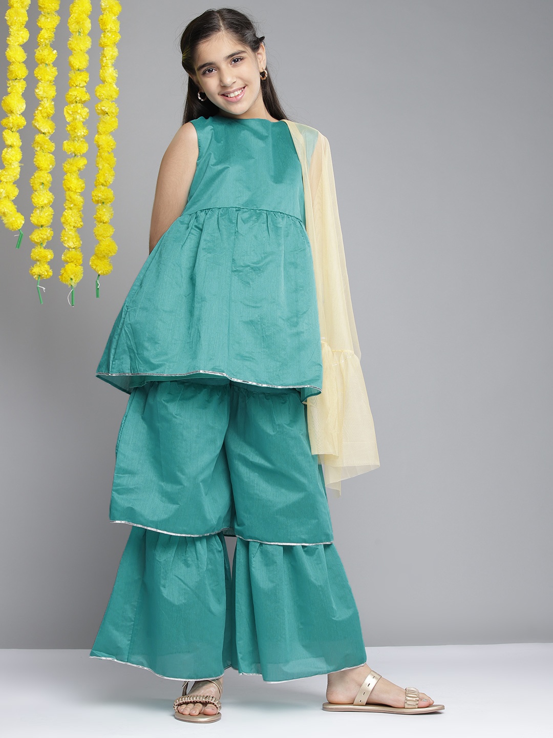 

YK Girls Teal Pleated Kurta with Sharara & With Dupatta
