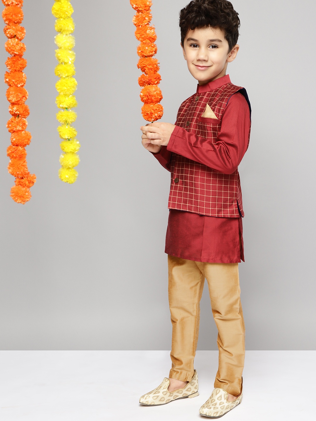 

YK Boys Red & Gold-Coloured Kurta Set With Nehru Jacket