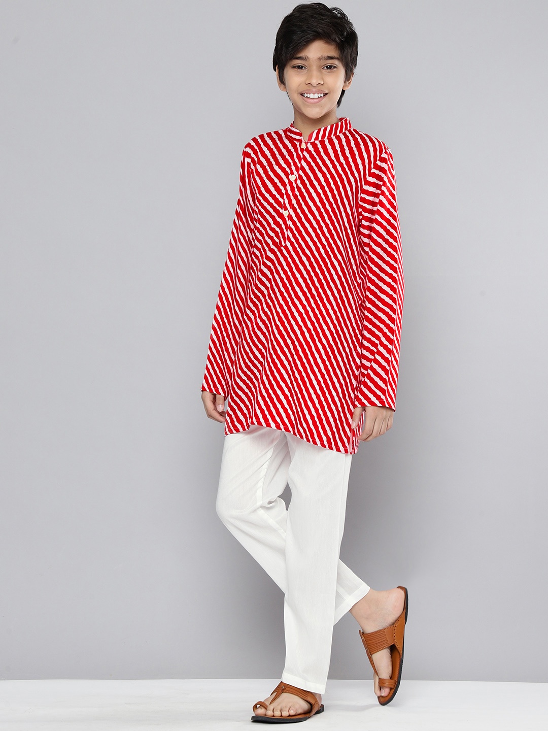 

YK Boys Red & Off White Striped Kurta with Pyjamas