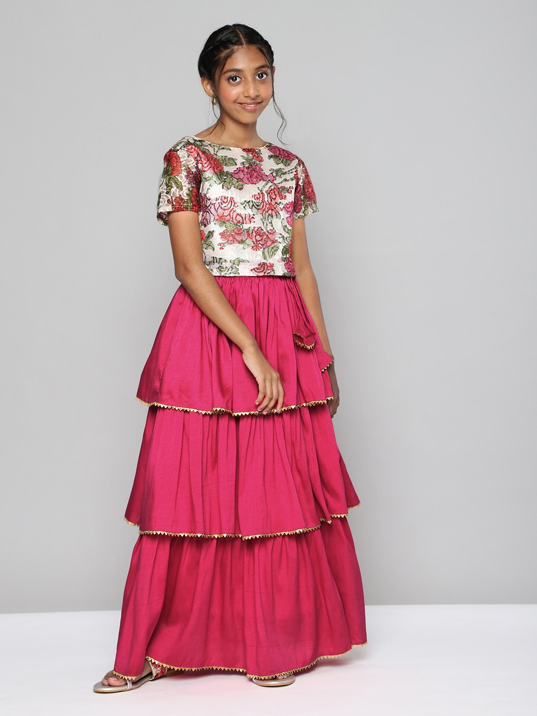 

YK Girls Pink Printed Ready to Wear Tiered Lehenga & Choli